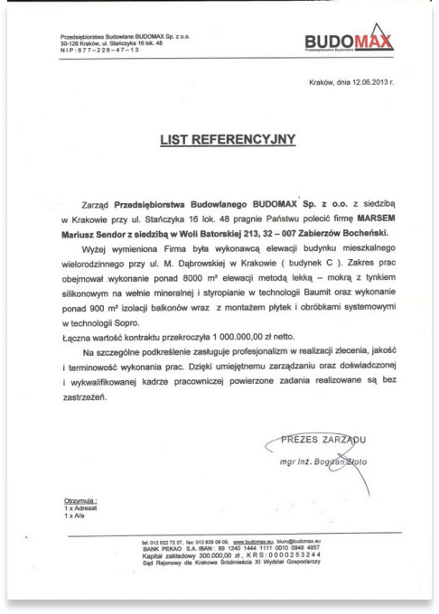 Referencja od Budomax – potwierdzenie jakości elewacji MARSEN