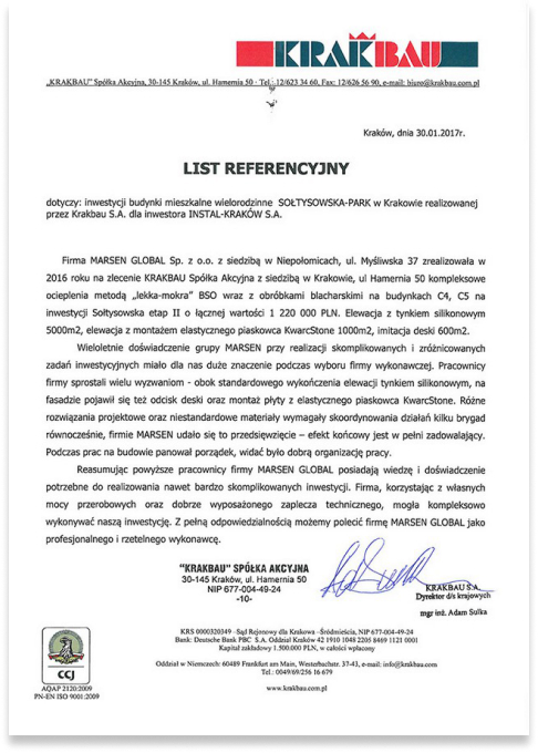 Referencja od Krakbau – realizacja elewacji przy ul. Sołtysowskiej, MARSEN