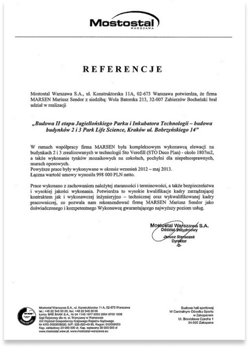 Referencja od Mostostal – współpraca przy elewacjach budynków