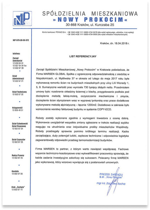 Referencja od Spółdzielni Mieszkaniowej Nowy Prokocim – elewacje MARSEN